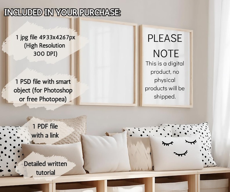 May include: Three empty rectangular frames with light wood borders mounted on a wall above a wooden bench with various decorative pillows. Text overlays detail digital file specifications, including 1 jpg file 4933x4267px, 1 PSD file, 1 PDF file with a link, and a tutorial. A note states this is a digital product.