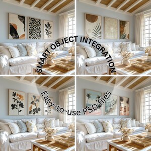 May include: Four different living room scenes with white couches and various abstract art prints in neutral colors. The text "SMART OBJECT INTEGRATION Easy-to-use PSD files" is displayed in a circle around the images.