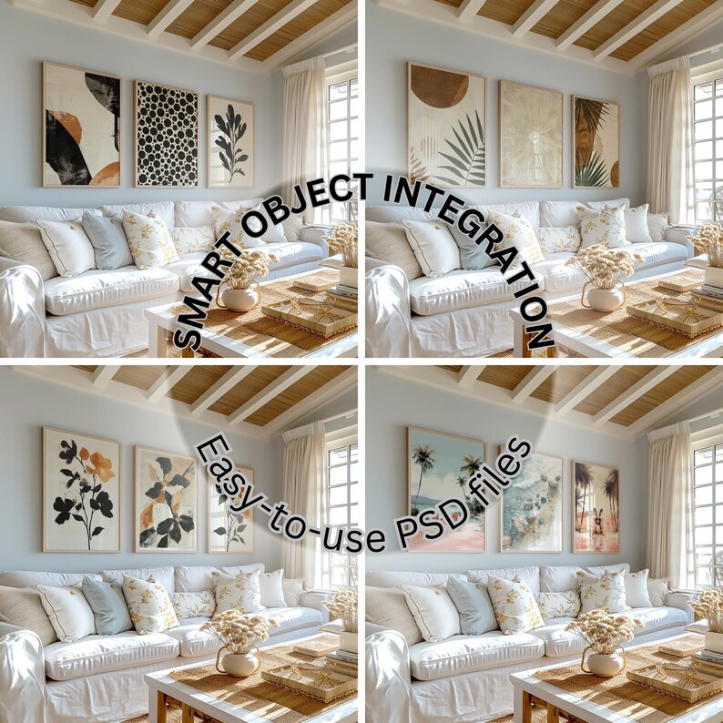 May include: Four different living room scenes with white couches and various abstract art prints in neutral colors. The text "SMART OBJECT INTEGRATION Easy-to-use PSD files" is displayed in a circle around the images.