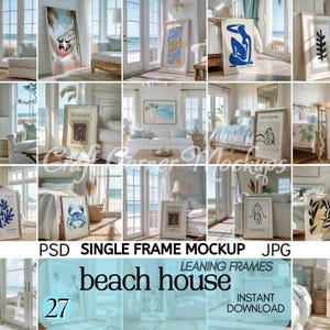 May include: A collection of twenty-seven digital mockups featuring various framed art prints displayed in bright, coastal-themed interior settings. Each frame is shown leaning against walls or furniture, showcasing diverse graphic illustrations.