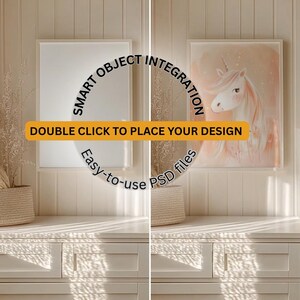 May include: Two framed art prints, one blank and one featuring a unicorn illustration in soft pink tones. The image includes text: "SMART OBJECT INTEGRATION", "DOUBLE CLICK TO PLACE YOUR DESIGN", and "Easy-to-use PSD files". The frames are displayed on a white cabinet.