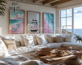 Three Frame Beach House Mockup, Coastal Frame Mockup, Beach Frame Mockup Summer, ISO Frame Mockup Glass Reflection,Set of 3 Frame Mockup,PSD