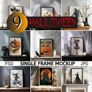 May include: Nine framed Halloween-themed art prints and mockups are displayed. The prints feature pumpkins, witches, and spooky scenes. The word "HALLOWEEN" is in red, and the number "9" is in a gold circle. The words "PSD", "SINGLE FRAME MOCKUP", and "JPG" are also visible.