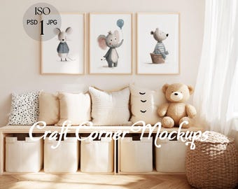 Kids Room Frame Mockup, Three Frame Neutral Frame Mockup Nursery, Set of 3 Frames 5:7, Thin Wood Frame Mockup, Three Frames Mockup DIN A PSD