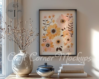 Vertical Frame Mockup for Photoshop,Frame Mockup PSD Template for Art and Prints,Black Frame Mockup Portrait Glass Reflection Digital Print