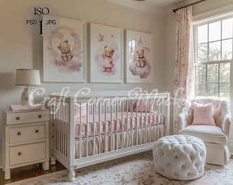 3 Nursery Frame Mockup, 3 Frame Nursery Mockup, Set of 3 Frame Mockup Nursery, Set of 3 Prints Mockup, Baby Girl Room Frame Mockup Crib, PSD