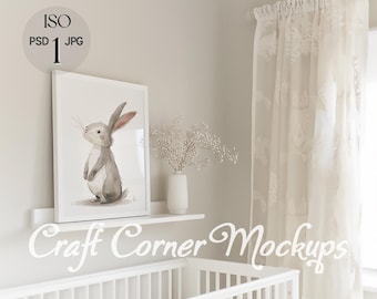 Frame Mockup Shelf, Nursery Frame Mockup, Single Frame Mockup for Baby Room, Frame Mockup Neutral Nursery Wall Poster Mockup for Nursery PSD