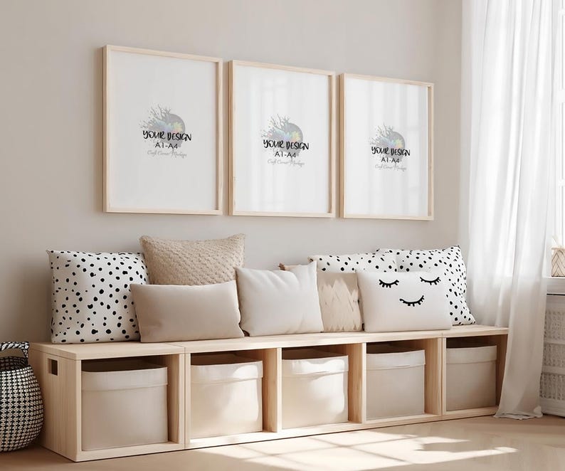 3 Frames Mockup Kids Room, Neutral Frame Mockup Nursery, Set of 3 Frames Mockup 5:7, Thin Wood Frame Mockup, Three Frames Mockup DIN A, PSD image 2
