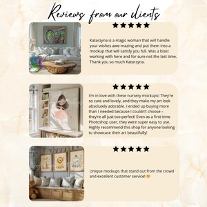 May include: A graphic display titled Reviews from our clients featuring three customer testimonials with five-star ratings. Each section includes a small photograph of a room interior showcasing framed artwork and text describing positive experiences.