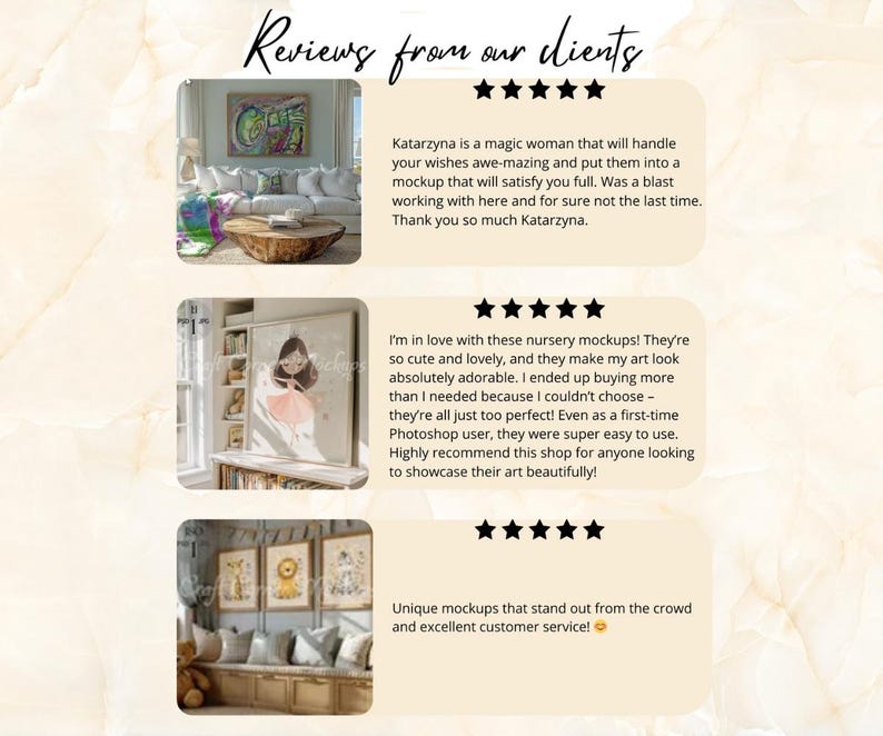 May include: A graphic display titled Reviews from our clients featuring three customer testimonials with five-star ratings. Each section includes a small photograph of a room interior showcasing framed artwork and text describing positive experiences.