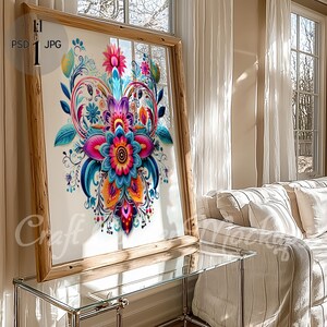 Puede incluir: Una impresión enmarcada de un diseño floral colorido con detalles intrincados. El diseño presenta una variedad de flores, hojas y espirales en tonos de rosa, azul, amarillo y verde. La impresión está sobre un fondo blanco y está enmarcada en un marco de madera rústico.