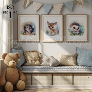 May include: A white bench with three storage bins, a blue, brown, and white patterned cushion, and three framed prints of animals. The prints feature a deer, a hedgehog, and a mouse.