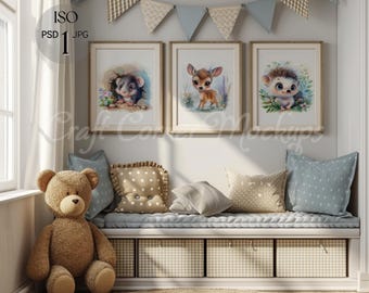 3 Frame Mockup Nursery, Frame Mockup Playroom Blue, Set of 3 Frames Nursery, 5:7 Three Wood Frame Mockup ,Photoshop Smart Object PSD,Digital