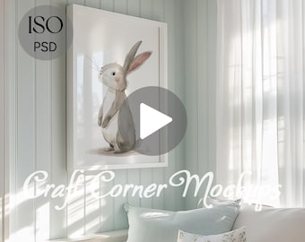 Video Frame Mockup Nursery, ISO Frame Mockup, Boy Nursery Frame Animated Mockup, Vertical Frame Video Mockup, Blue Wall Art Video Mockup PSD