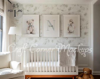 Three Frame Nursery Mockup for Baby Boy Room with Three Frames Mockup Nursery Neutral Frame Mockup, Set of 3 Wall Art Nursery Interior PSD