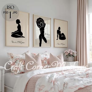 3 Frames Mockup Bedroom, Gallery Wall Frame Mockup, Set of Three Frames,Din A 3 Wood Frame Mockup For Wall Art, Print Mockup Gold Frame PSD