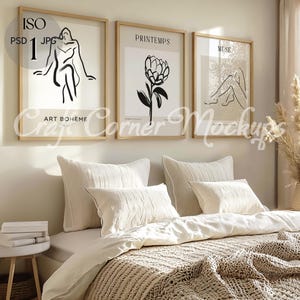 3 Frames Mockup Bedroom, Gallery Wall Frame Mockup, Set of Three Frames,Boho Neutral, Set 3 Wood Frame Mockup with Reflections,PSD Template