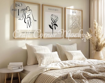 3 Frames Mockup Bedroom, Gallery Wall Frame Mockup, Set of Three Frames,Boho Neutral, Set 3 Wood Frame Mockup with Reflections,PSD Template