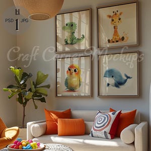 May include: A living room with a white couch and orange pillows. There are four framed pictures on the wall with watercolor illustrations of a giraffe, a dinosaur, a bird, and a whale. The pictures are all in square frames with a light wood finish.