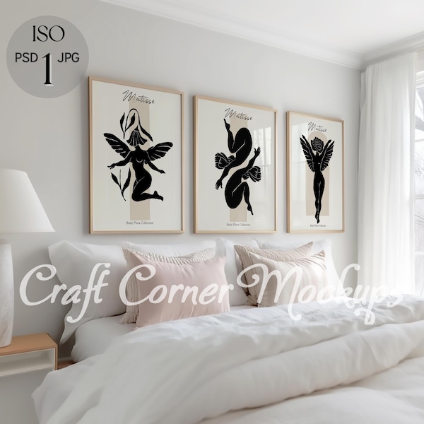 3er-Set Bilderrahmen Mockup, Schlafzimmer Wand Kunst Mockup, Trio Rahmen Mockup, Schlafzimmer Rahmen Mockup, 3er Set, Galerie Wand Mockup ISO Rahmen