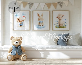 Playroom Frame Mockup, 3 Wood Frame Mockup, Nursery Frame Mockup, Set of Three Frames Nursery Mockup, 3 Frame Mockup Square Kids Room Frames