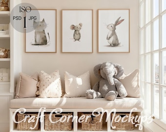 3 Frame Mockup Nursery, Neutral Frame Mockup Playroom, Set of 3 Frames Nursery, Thin Wooden Frame Mockup, DIN A ISO Three Frames Mockup PSD