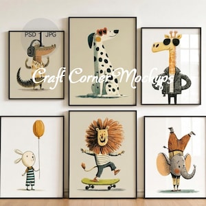 Puede incluir: Seis láminas decorativas enmarcadas con ilustraciones de animales, incluyendo un cocodrilo con auriculares, un perro con manchas, una jirafa con chaqueta de cuero, un conejo con un globo, un león en monopatín y un elefante haciendo el pino.