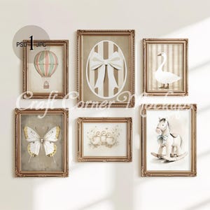 May include: A set of six framed art prints with gold-colored ornate frames. The prints feature watercolor illustrations of a hot air balloon, an egg with a bow, a swan, a butterfly, baby birds, and a rocking horse. The text "Craft Corner" is visible.