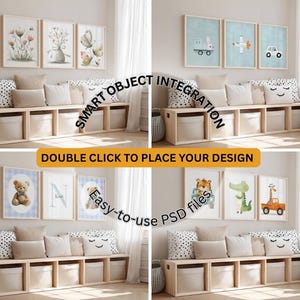 May include: A digital mockup template featuring a wooden storage bench with five fabric bins, topped with various throw pillows and three wall-mounted picture frames. The image includes text overlays stating SMART OBJECT INTEGRATION and DOUBLE CLICK TO PLACE YOUR DESIGN.