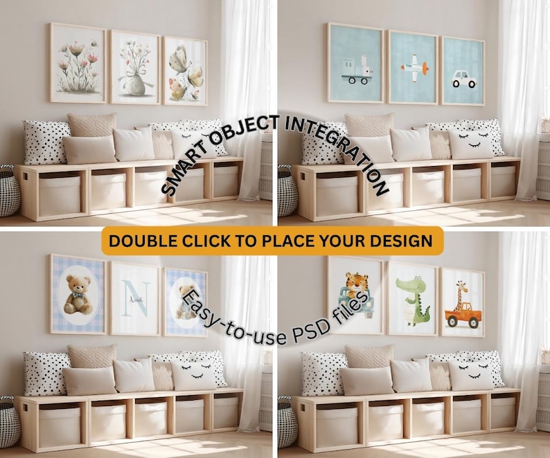 May include: A digital mockup template featuring a wooden storage bench with five fabric bins, topped with various throw pillows and three wall-mounted picture frames. The image includes text overlays stating SMART OBJECT INTEGRATION and DOUBLE CLICK TO PLACE YOUR DESIGN.