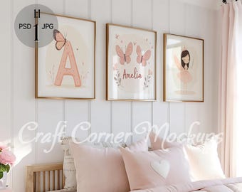 3 Frame Nursery Mockup, Set of Three Square Frame Mockup for Wall Art, Gallery Set 3 Frame Mockup, Girl Room Picture Mockup,Kids Room Frame