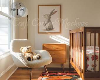 Mockup kinderkamerlijst, kinderkamerlijst mockup wieg, verticale Photoshop lijst mockup sjabloon kinderkamer mockup kunstweergave, 4:5 kinderkamerlijst