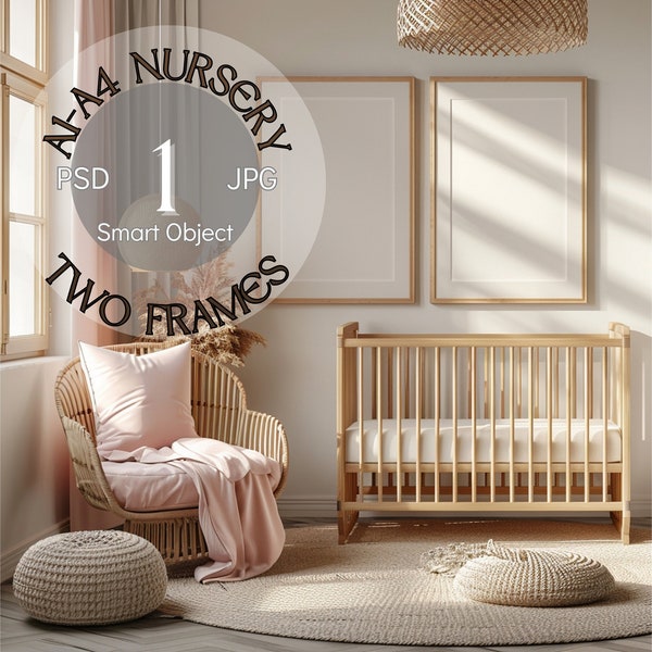 A1-A4 Nursery Two Wooden Frame Mockup Modern Boho Interior, 2 Vertical Frame Mockup with Shadow Overlay, PSD Smart Object, Digital Download