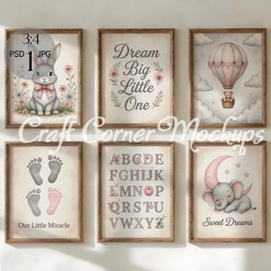 May include: Six framed nursery art prints. The prints feature watercolor illustrations of a bunny, hot air balloon, baby footprints, an alphabet, and a sleeping elephant. The prints have a soft, pastel color palette and include the phrases "Dream Big Little One" and "Sweet Dreams".