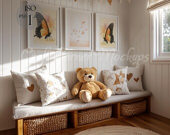 3 Frame Mockup Nursery, Neutral ISO Frame Mockup Playroom,Set of 3 Frames Nursery Mockup, DIN A White Frame Mockup Reflection, PSD, Digital
