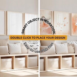 May include: A digital mockup featuring three blank light wood frames above a bench with beige and white pillows and storage bins. Text overlays read SMART OBJECT INTEGRATION, DOUBLE CLICK TO PLACE YOUR DESIGN, and Easy-to-use PSD files.