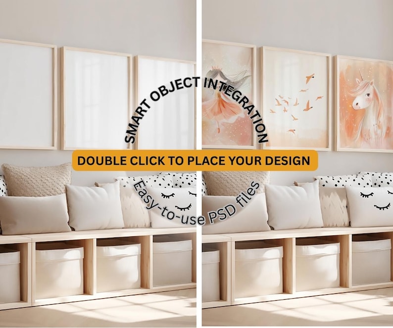 May include: A digital mockup featuring three blank light wood frames above a bench with beige and white pillows and storage bins. Text overlays read SMART OBJECT INTEGRATION, DOUBLE CLICK TO PLACE YOUR DESIGN, and Easy-to-use PSD files.