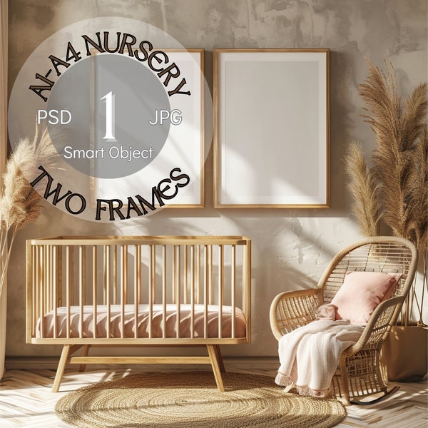 A1-A4 Nursery Two Wooden Frame Mockup Modern Boho Interior, 2 Vertical Frame Mockup with Shadow Overlay, PSD Smart Object, Digital Download