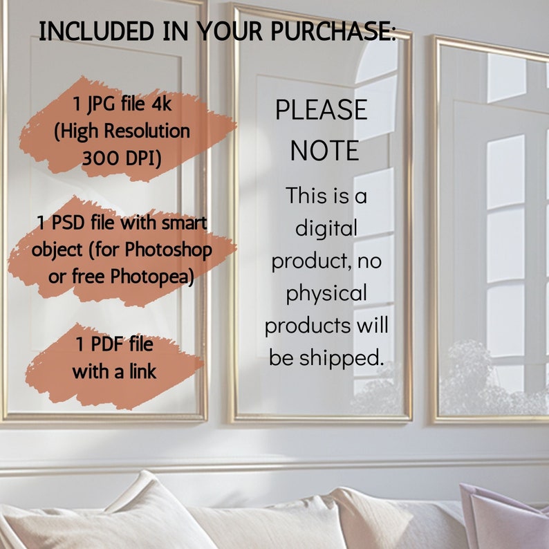 A1A4 Three Gold Frames Mockup Home Interior,3 Frame Vertical Wall Art