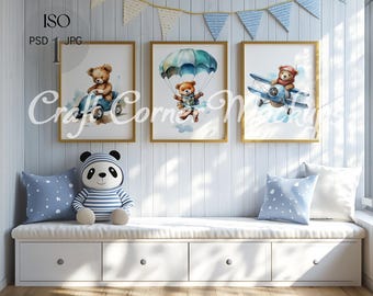 Three Frame Mockup Nursery, 3 Frame Mockup Kids Room, Playroom Wall Art Mockup, Blue Child Room Frame Mockup, Set of Three Frame Mockup PSD