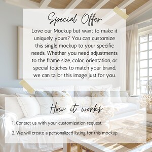 May include: A white couch with pillows in a living room setting. Text on the image reads "Special Offer" and "How it works". The text describes a service to customize mockups.