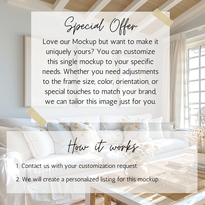 May include: A white couch with pillows in a living room setting. Text on the image reads "Special Offer" and "How it works". The text describes a service to customize mockups.