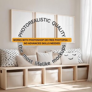 May include: A light wood storage bench with five open cubbies containing white fabric bins. Above the bench are three blank white picture frames. Several decorative pillows in white, beige, and black polka dot patterns are arranged on the bench.