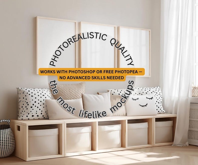 May include: A light wood storage bench with five open cubbies containing white fabric bins. Above the bench are three blank white picture frames. Several decorative pillows in white, beige, and black polka dot patterns are arranged on the bench.