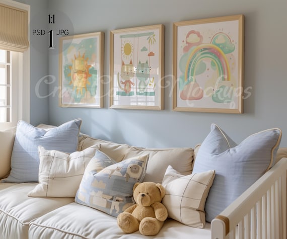 3 Frame Mockup Nursery, Set of 3 Frames,Baby Room, Three Wooden Frame Mockup, Square Wall Art Mockup, Glass Reflection,Digital Download PSD
