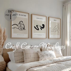 Set of Three Frames Mockup Bedroom, Gallery Wall Frame Mockup ,Boho Neutral Interior, Set 3 Wooden Frame Mockup with Reflections,Poster PSD