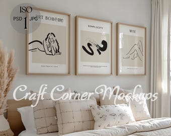 Set of Three Frames Mockup Bedroom, Gallery Wall Frame Mockup ,Boho Neutral Interior, Set 3 Wooden Frame Mockup with Reflections,Poster PSD