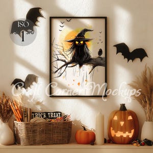 Halloween Frame Mockup, ISO Vertical Frame Mockup,Halloween Wall Art Mockup, Neutral Room Halloween Frame, Minimalist Black Frame Mockup PSD