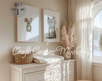 Maqueta de marco para habitación de bebé estilo bohemio con dos marcos, maqueta de marco DIN A, juego de 2, arte de pared para interior de habitación de bebé en formato PSD.