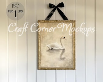 DIN A Gold Vintage Frame Mockup with Black Bow, Coquette Wall Art Mockup, 5x7 Minimalist Frame Mockup with Bow, Antique Frame Art Mockup PSD